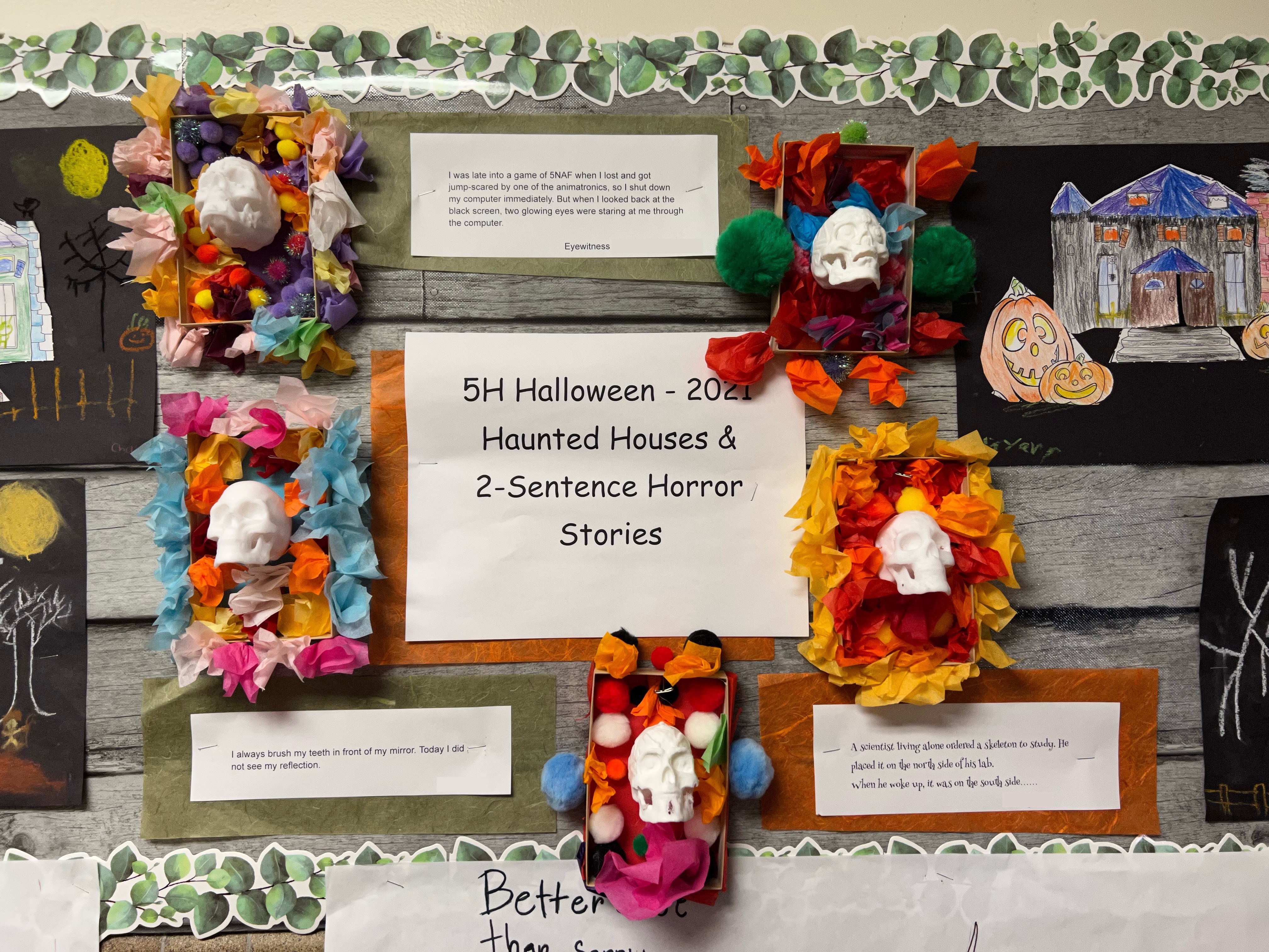 Calaveras on display with students' two sentence horror stories